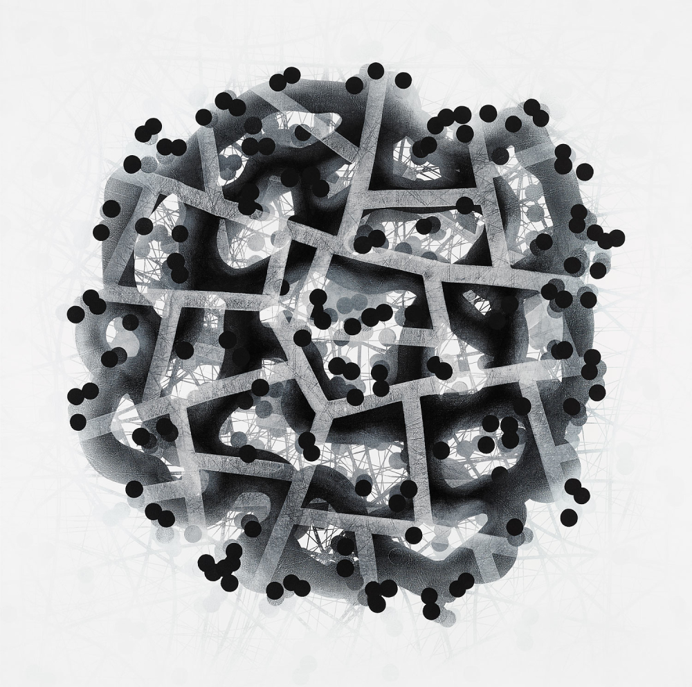 Michelle Concepción, Black & White Clusters 1, acrylic on canvas, 150 x 150 cm, 2016