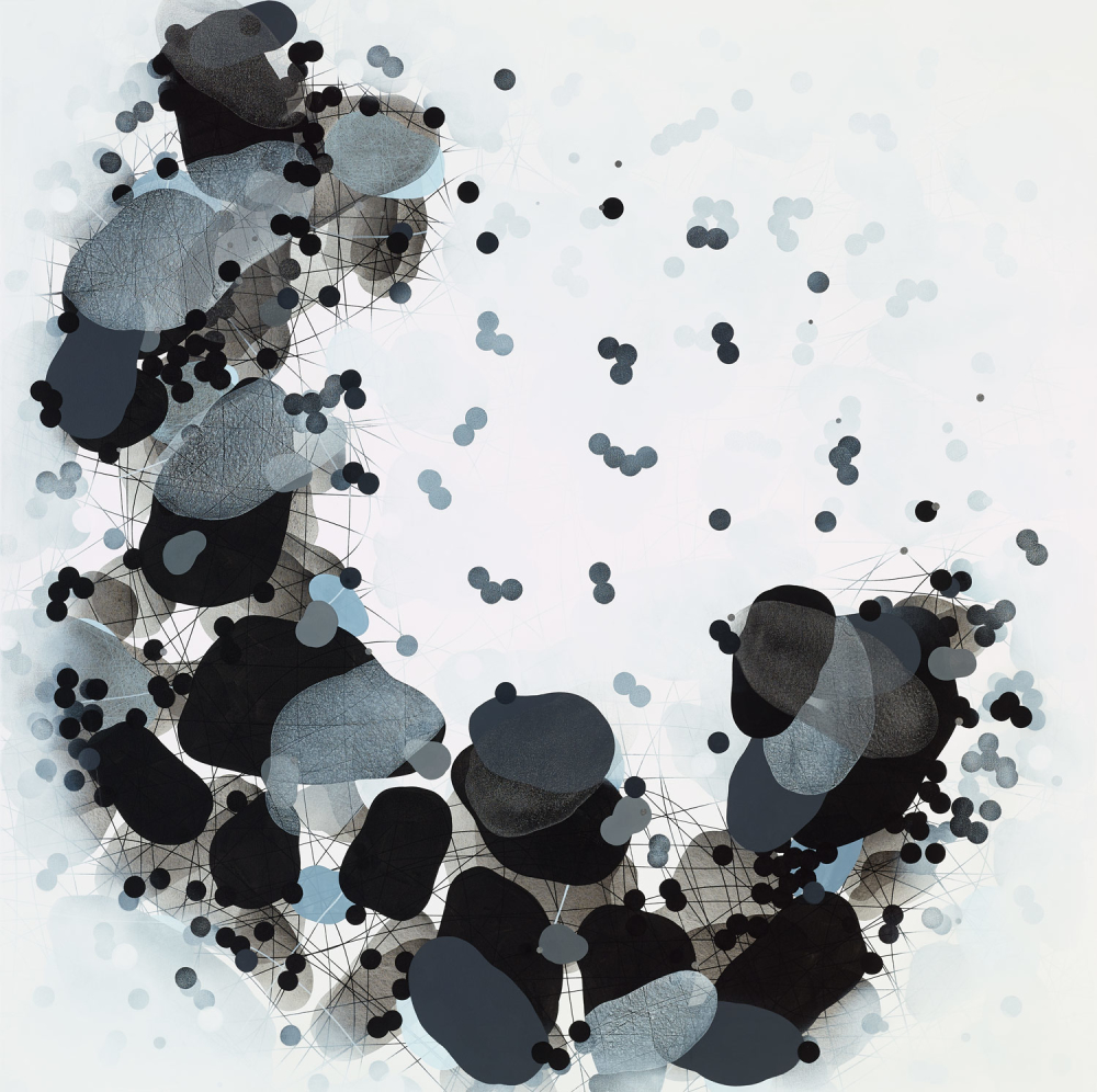 Michelle Concepción, Black & White Clusters 1, acrylic on canvas, 150 x 150 cm, 2016