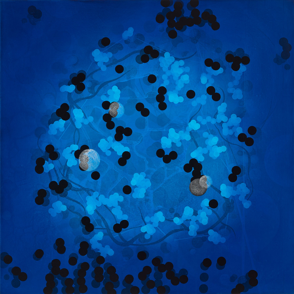 Michelle Concepción, Blue Clusters 5, acrylic on canvas, 100 x 100 cm, 2017
